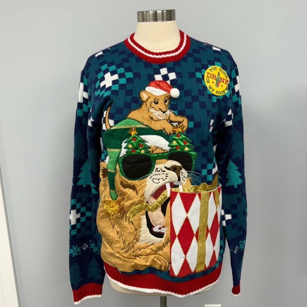 NWOT Ugly Christmas Sweater Lion And Cub W/Drink Pocket Unisex M Blue & Teal